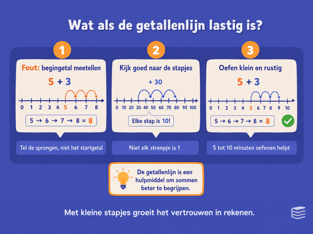 Illustratie over wat je kunt doen als een kind moeite heeft met de getallenlijn, met uitleg over veelgemaakte fouten, sprongen maken en rustig oefenen.