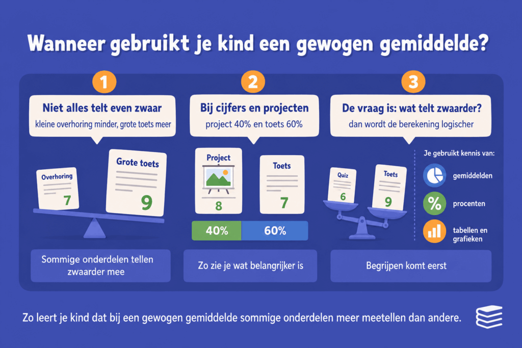 Infographic die uitlegt wanneer een kind een gewogen gemiddelde gebruikt, met voorbeelden van overhoringen, toetsen, projecten en onderdelen die zwaarder meetellen.