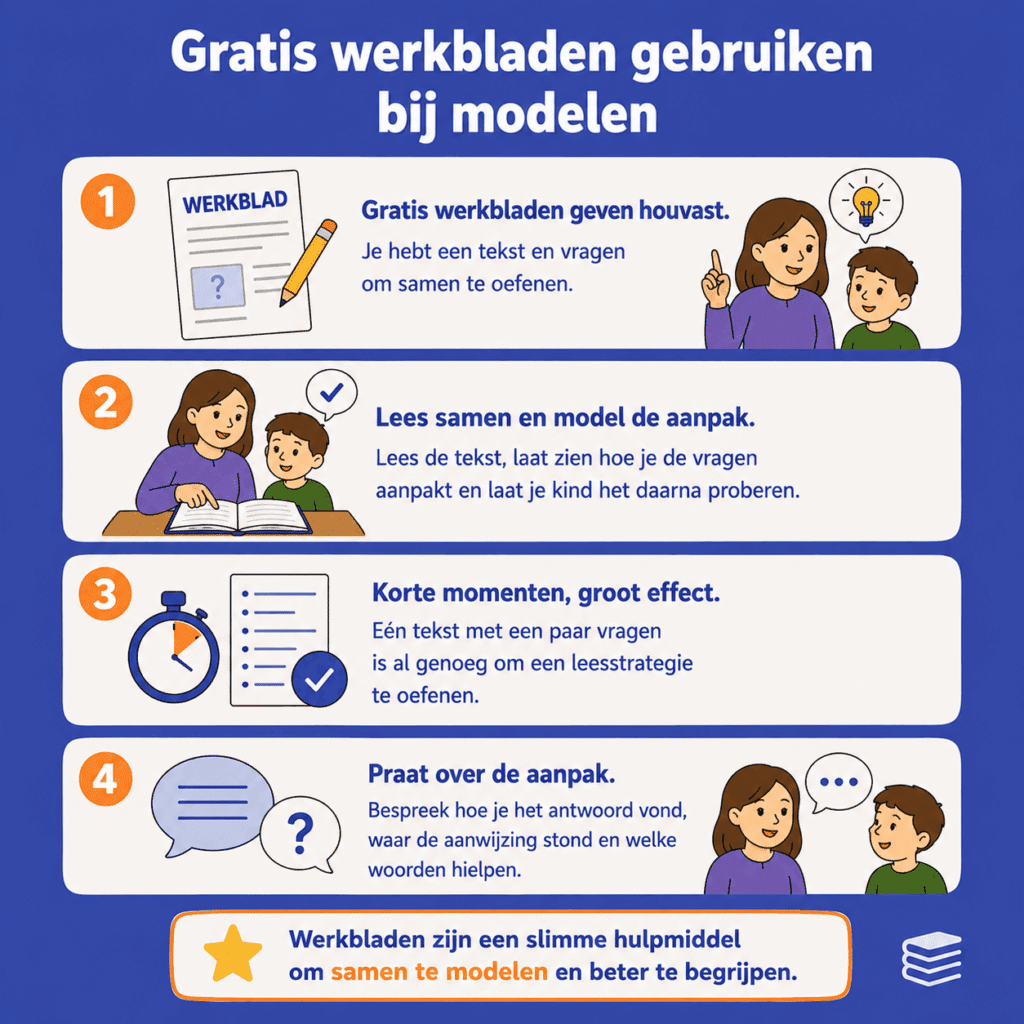Infographic over hoe gratis werkbladen helpen om samen begrijpend lezen en modelen te oefenen.