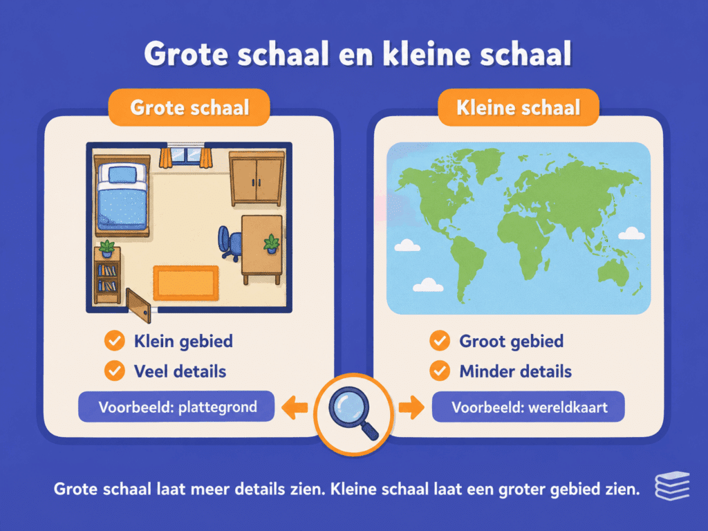Infographic over grote schaal en kleine schaal met een plattegrond en een wereldkaart als voorbeeld