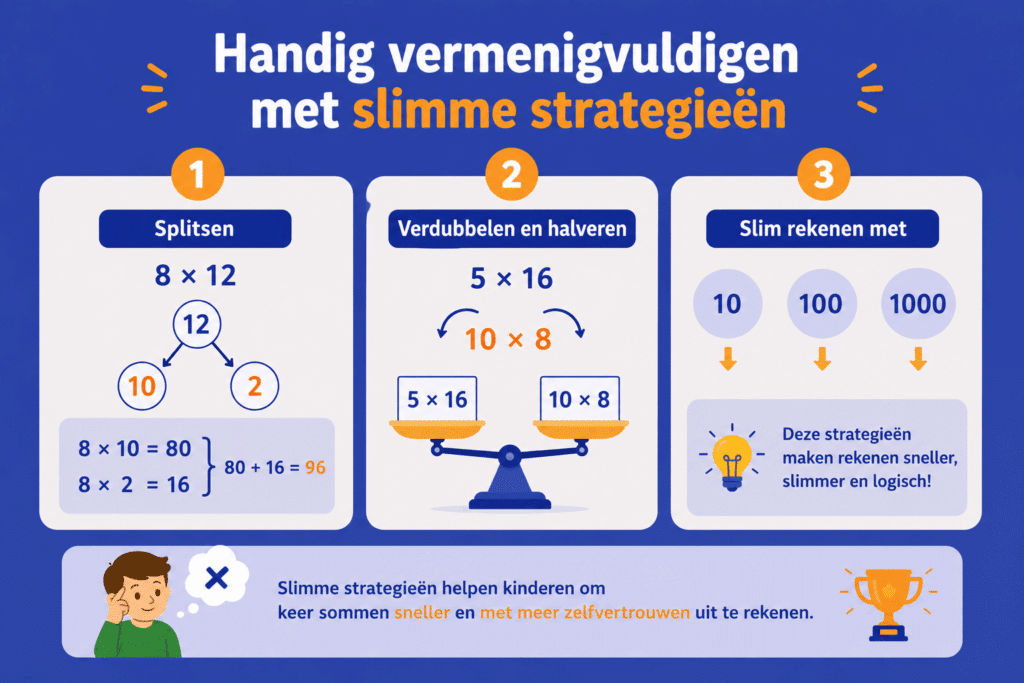 Infographic die laat zien hoe kinderen keersommen slimmer kunnen oplossen met strategieën zoals splitsen, verdubbelen en rekenen met 10, 100 en 1000.