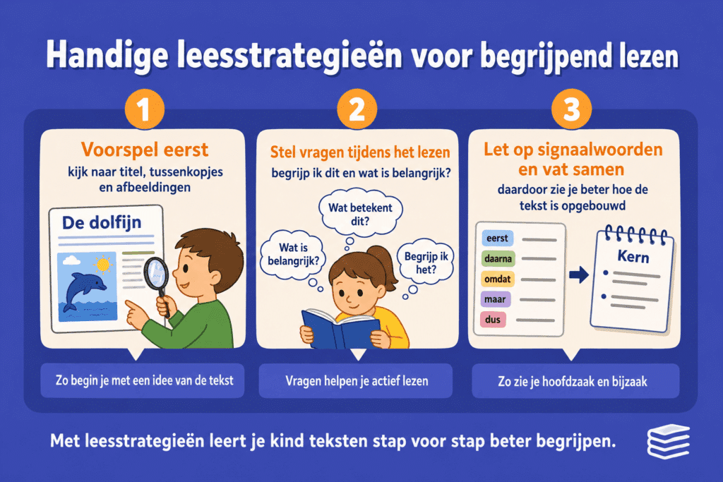 Infographic die handige leesstrategieën voor begrijpend lezen laat zien, zoals voorspellen, vragen stellen, signaalwoorden herkennen en samenvatten.