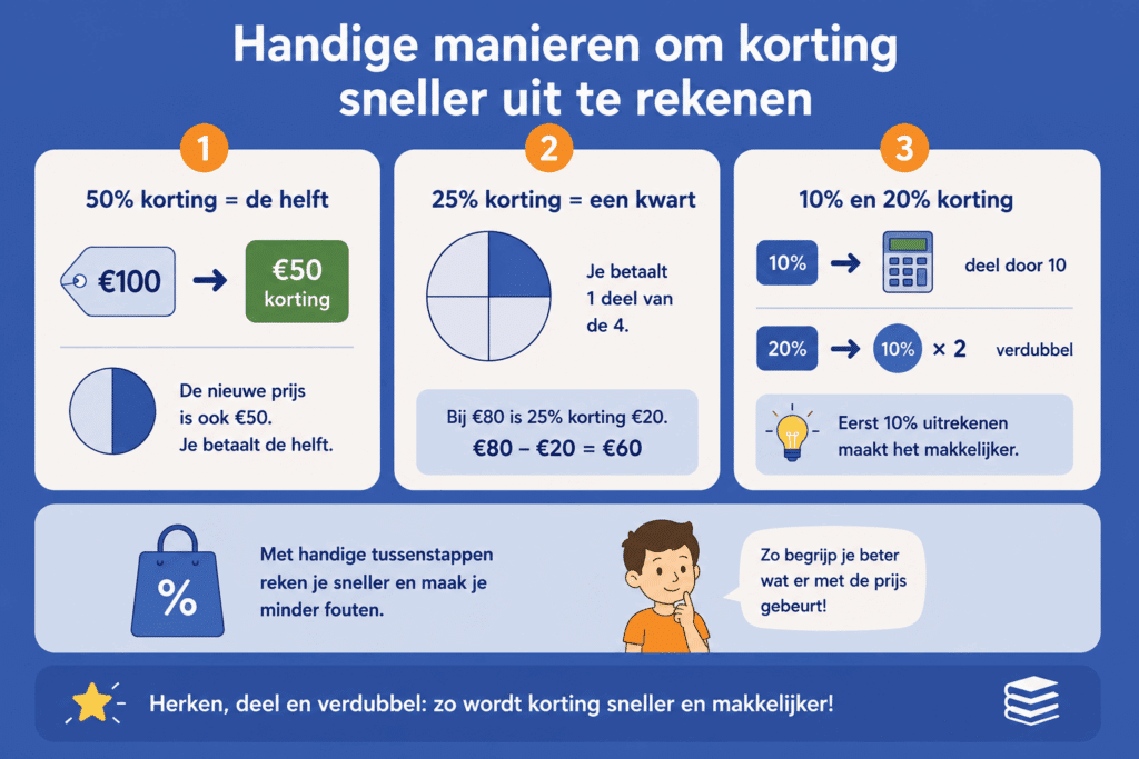 Educatieve illustratie met eenvoudige manieren om korting te berekenen, zoals 50% als de helft, 25% als een kwart en 20% als twee keer 10% korting.
