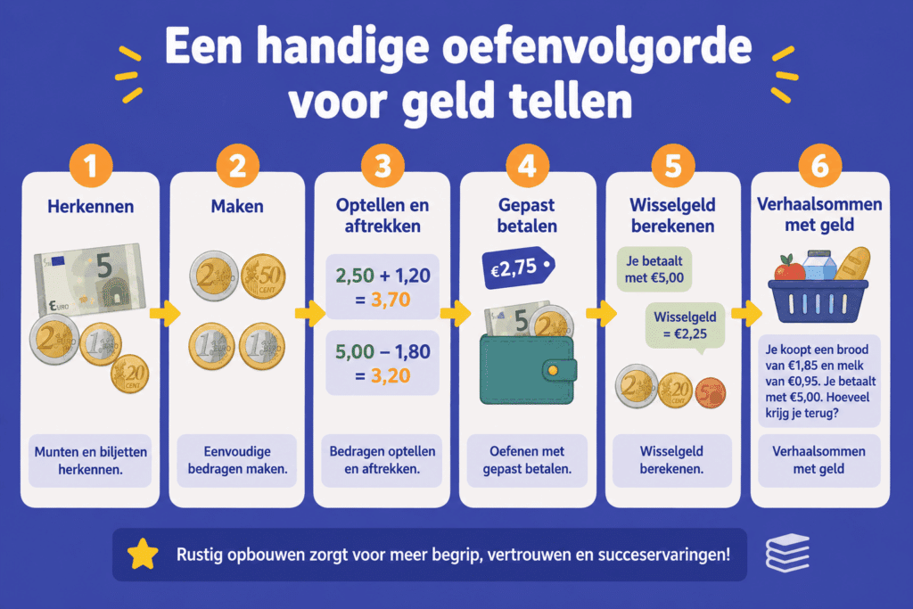 Infographic met een stapsgewijze oefenvolgorde voor geld tellen, van munten herkennen tot wisselgeld en verhaalsommen.