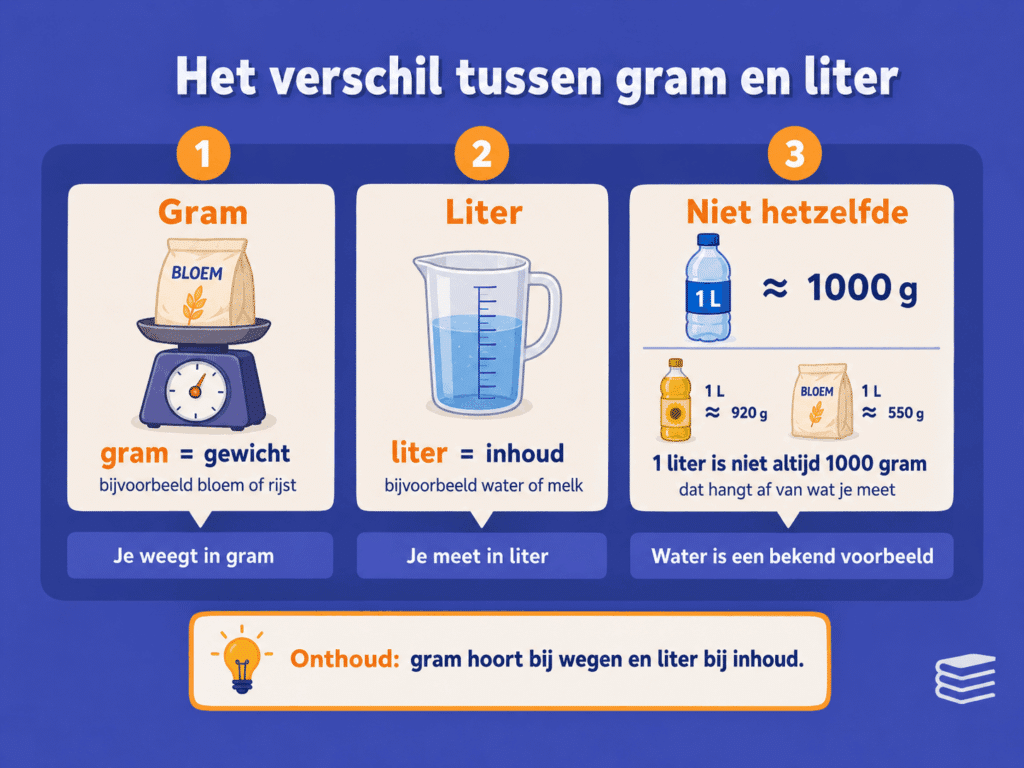 Educatieve illustratie die laat zien dat gram bij gewicht hoort en liter bij inhoud, met voorbeelden zoals bloem, water en het verschil dat 1 liter niet altijd 1000 gram is.
