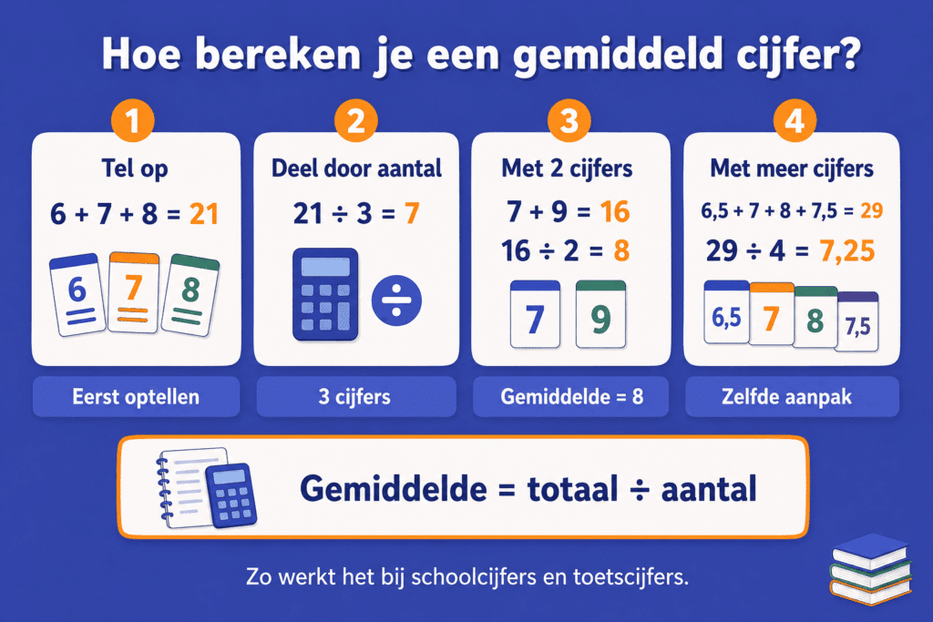 Infographic die laat zien hoe je een gemiddeld cijfer berekent door cijfers op te tellen en te delen door het aantal cijfers.