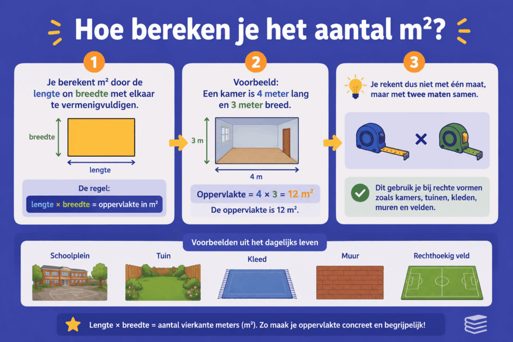 Infographic die stap voor stap laat zien hoe je vierkante meters berekent met lengte × breedte en een eenvoudig voorbeeld van een kamer.