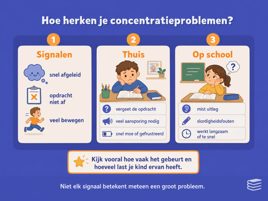 Infographic die laat zien hoe je concentratieproblemen bij je kind kunt herkennen, met signalen zoals snel afgeleid zijn, opdrachten niet afmaken, veel bewegen en verschillen tussen thuis en school.