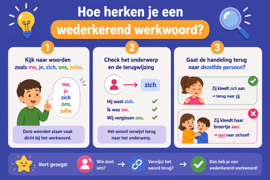 Rustige en overzichtelijke infographic die in drie stappen uitlegt hoe kinderen een wederkerend werkwoord herkennen. De afbeelding laat zien dat je eerst let op woorden zoals me, je, zich en ons, daarna het onderwerp zoekt en vervolgens controleert of de handeling teruggaat naar dezelfde persoon.