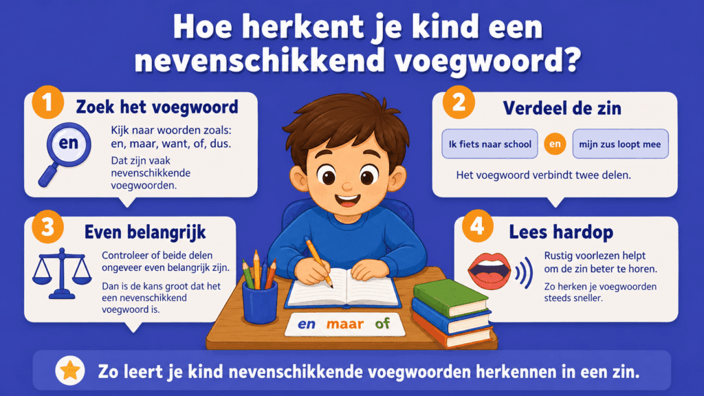 Infographic over hoe je kind een nevenschikkend voegwoord herkent, met stappen en voorbeelden zoals en, maar en of.