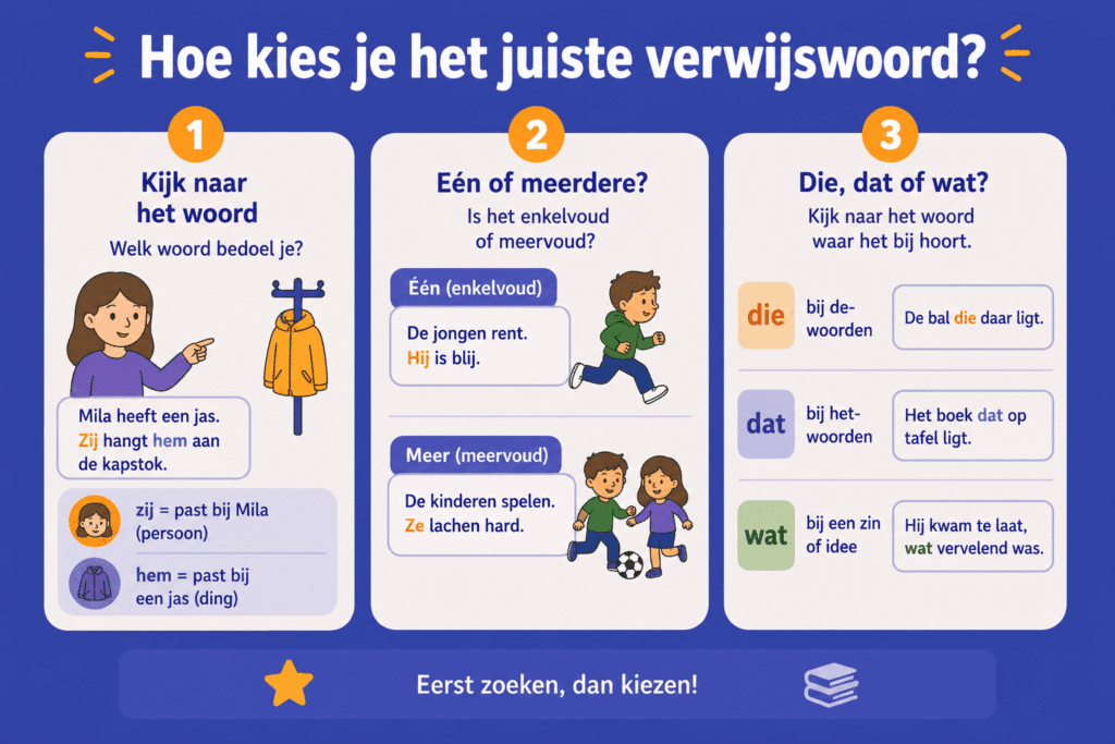 Infographic die stap voor stap laat zien hoe kinderen het juiste verwijswoord kiezen, met voorbeelden van enkelvoud, meervoud en die, dat of wat.