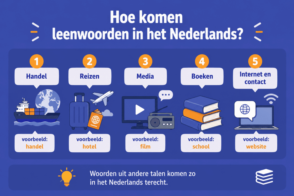 Infographic over hoe leenwoorden in het Nederlands komen, met voorbeelden van handel, reizen, media, boeken en internet als bronnen van nieuwe woorden.
