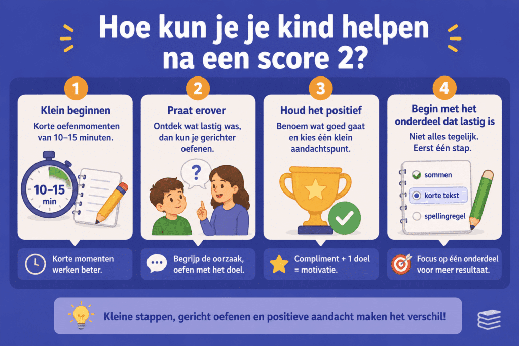 Infographic met vier praktische stappen om een kind te helpen na een score 2, zoals kort oefenen, samen praten, positief blijven en gericht oefenen.