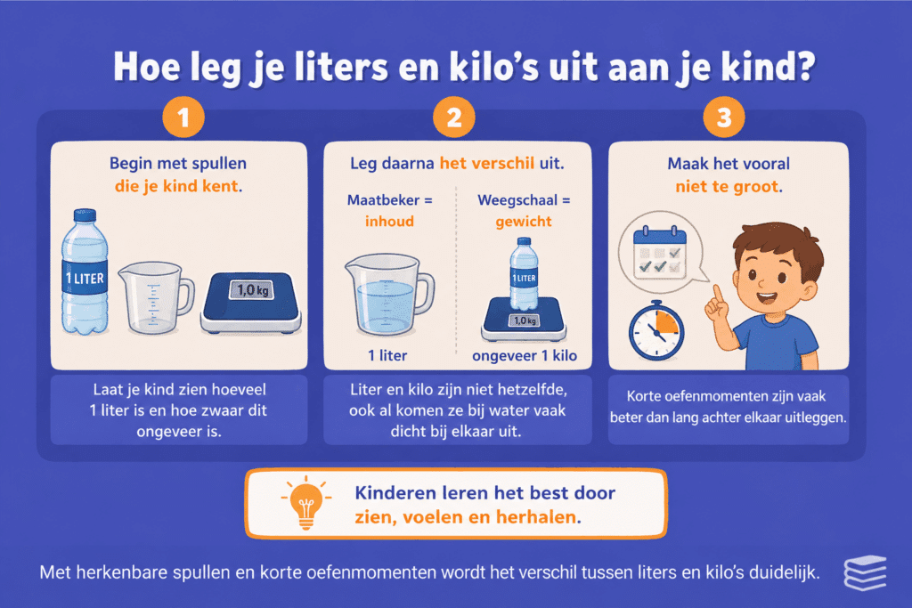 Educatieve afbeelding voor kinderen die uitlegt wat het verschil is tussen liters en kilo’s. De afbeelding toont een fles water van 1 liter, een maatbeker en een weegschaal om inhoud en gewicht te vergelijken. Daarnaast wordt uitgelegd dat een maatbeker liters meet en een weegschaal kilo’s weegt, met de tip om kinderen te laten leren door zien, voelen en herhalen.