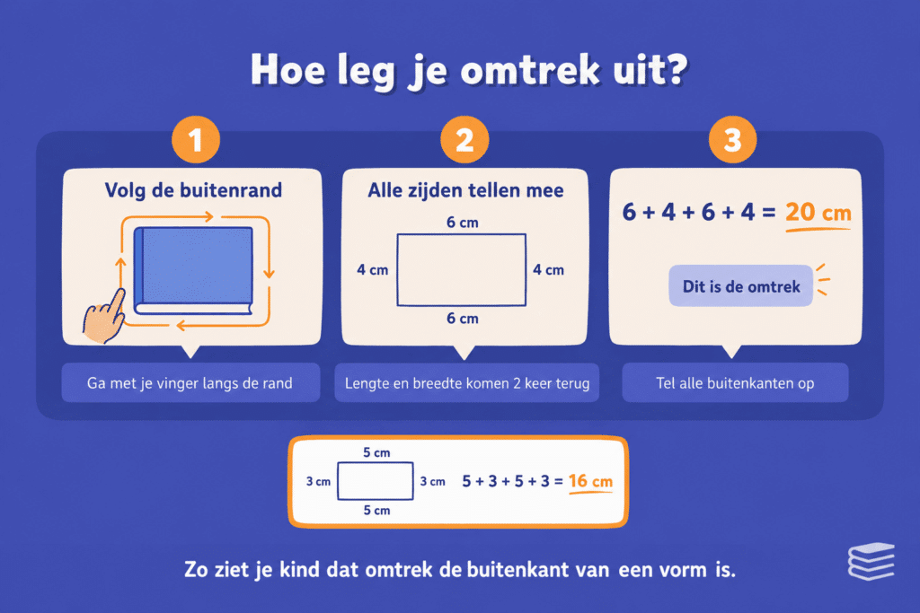 Infographic die stap voor stap uitlegt hoe je omtrek aan een kind kunt uitleggen, met de buitenrand volgen, alle zijden optellen en een voorbeeldberekening met centimeters.