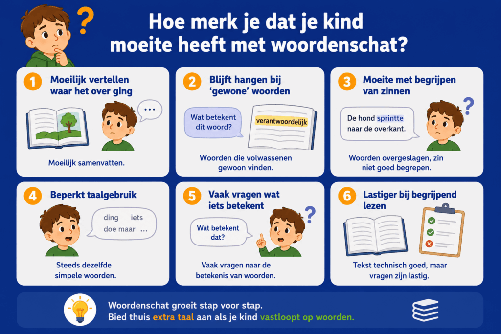 Informatieve infographic voor ouders en basisschoolkinderen over signalen van een beperkte woordenschat. De afbeelding toont zes herkenbare kenmerken, zoals moeite met navertellen, onbekende woorden niet begrijpen, vaak vragen wat woorden betekenen, eenvoudige woorden blijven gebruiken en problemen bij begrijpend lezen.
