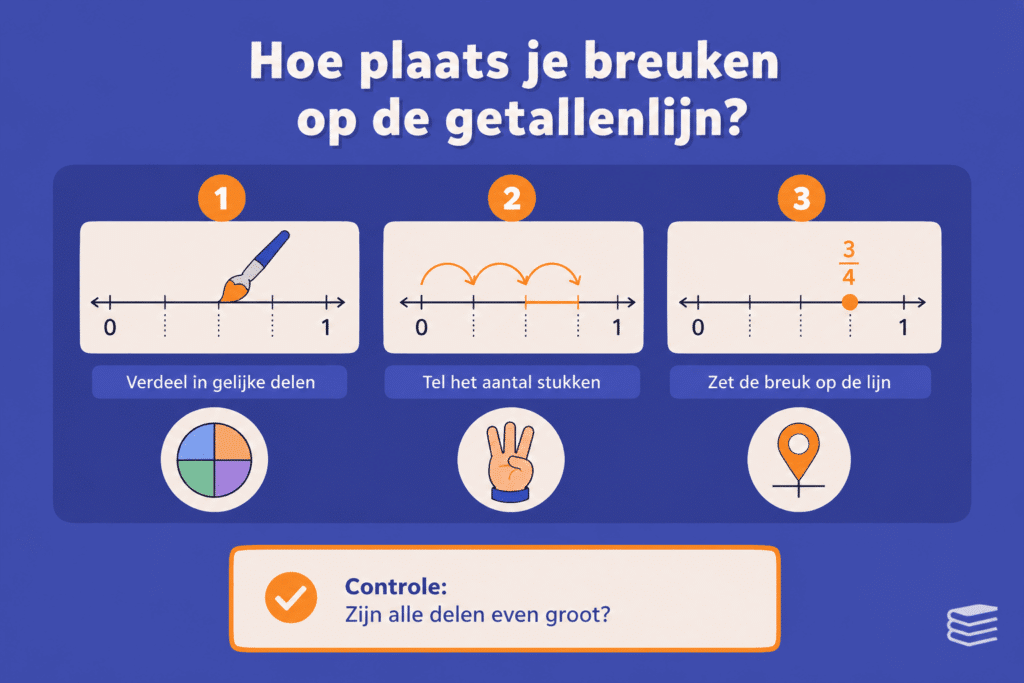 Illustratie voor kinderen waarin stap voor stap wordt uitgelegd hoe je breuken op de getallenlijn plaatst. De afbeelding laat zien hoe je eerst de lijn in gelijke delen verdeelt, daarna de stukken telt en vervolgens de breuk op de juiste plek zet, met als voorbeeld 3/4 op de getallenlijn tussen 0 en 1.