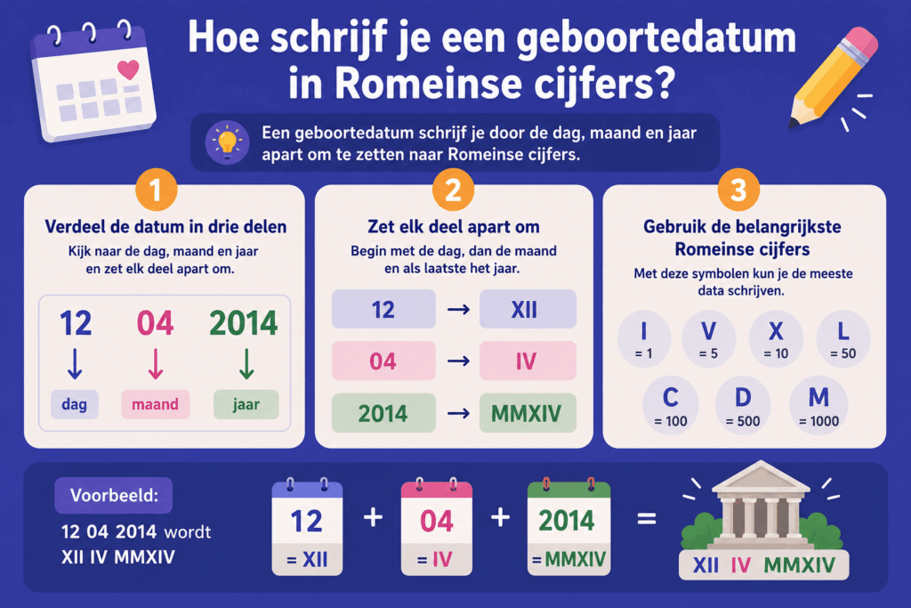 Infographic die stap voor stap laat zien hoe je een geboortedatum omzet naar Romeinse cijfers. De afbeelding verdeelt de datum in dag, maand en jaar, laat zien hoe elk deel afzonderlijk wordt omgezet en toont de belangrijkste Romeinse cijfers zoals I, V, X, L, C, D en M.