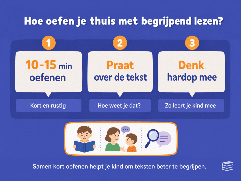 Illustratie over thuis oefenen met strategieën voor begrijpend lezen, met tips zoals kort oefenen, samen over de tekst praten en hardop voordoen hoe je een tekst beter begrijpt.