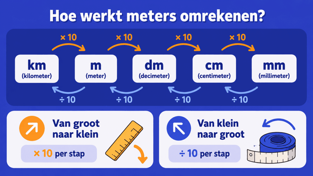 Eenvoudige educatieve illustratie die uitlegt hoe meters omrekenen werkt, met een schema van kilometer naar millimeter en voorbeelden van groot naar klein en klein naar groot omrekenen met keer 10 en delen door 10.