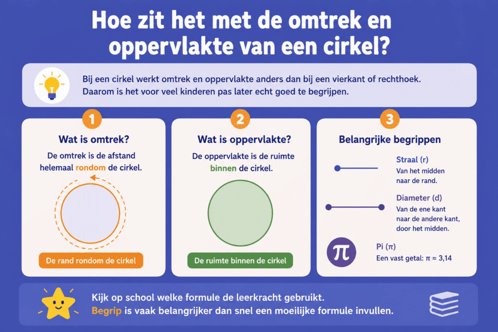 Educatieve infographic die het verschil uitlegt tussen de omtrek en oppervlakte van een cirkel. De afbeelding laat zien dat de omtrek de rand rondom de cirkel is en de oppervlakte de ruimte binnen de cirkel.