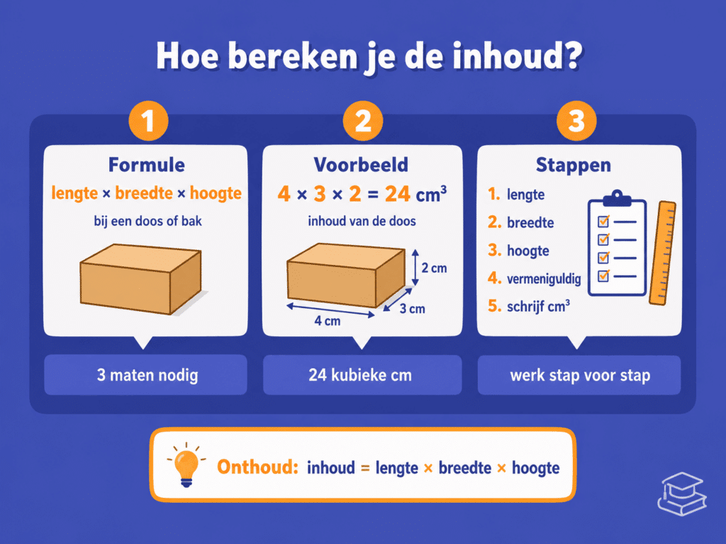 Educatieve illustratie die laat zien dat kinderen inhoud berekenen in groep 6, 7 en 8 met herkenbare voorbeelden zoals een bak, doos en liters.