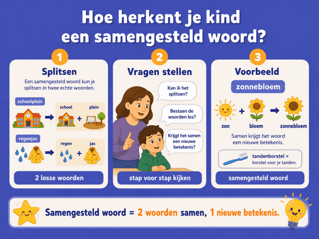 Infographic over het herkennen van een samengesteld woord, met voorbeelden zoals schoolplein, regenjas en zonnebloem en korte vragen om woorden in twee losse woorden te splitsen.