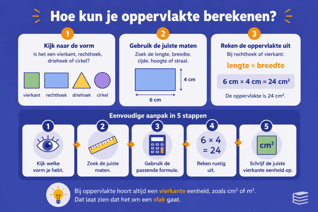 Overzichtelijke infographic die stap voor stap laat zien hoe je oppervlakte berekent door de vorm te herkennen, de juiste maten te gebruiken en de formule toe te passen.