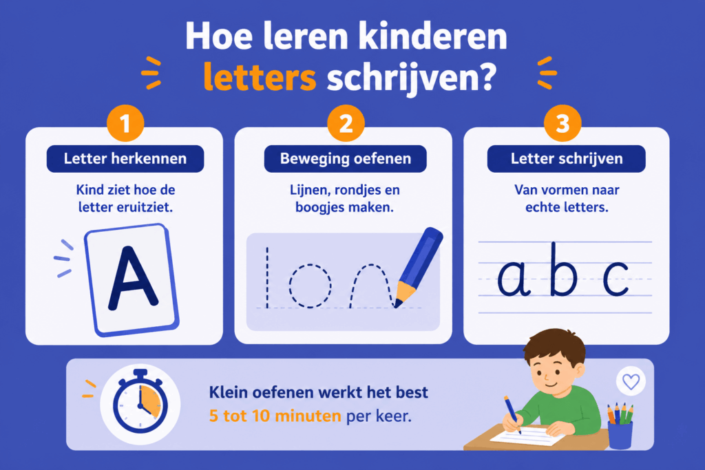 Eenvoudige infographic die laat zien hoe kinderen letters leren schrijven door letters te herkennen, bewegingen te oefenen en uiteindelijk zelf letters te schrijven.