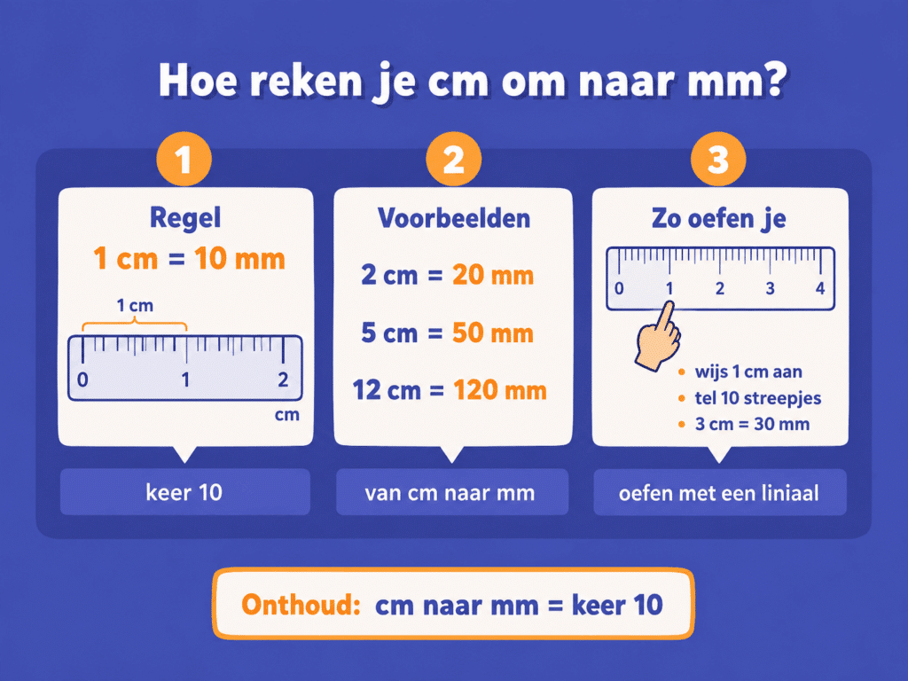 Educatieve illustratie die laat zien dat je centimeter naar millimeter omrekent door keer 10 te doen, met voorbeelden en een liniaal.