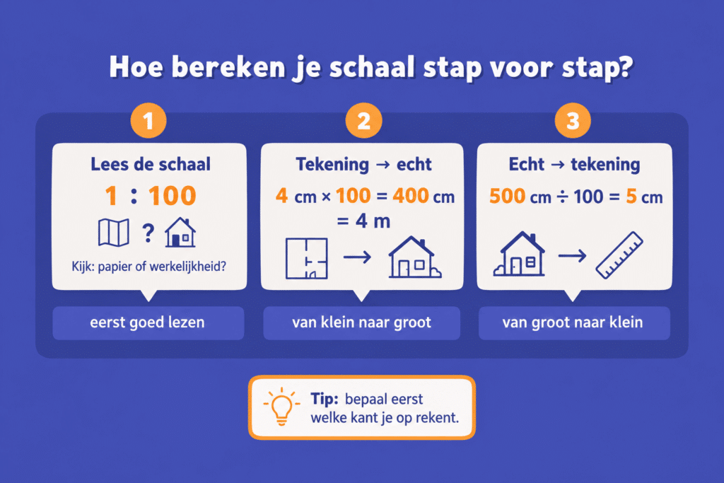 Educatieve illustratie die stap voor stap laat zien hoe je schaal berekent, met voorbeelden van tekening naar werkelijkheid en van werkelijkheid naar tekening.