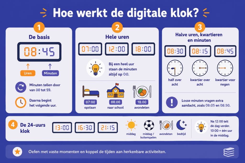 Kleurrijke infographic die stap voor stap uitlegt hoe een digitale klok werkt. De afbeelding toont de opbouw van een digitale tijdsaanduiding met uren en minuten, voorbeelden van hele uren zoals 07:00, 12:00 en 18:00, uitleg van halve uren en kwartieren met 08:30, 08:15 en 08:45 en een overzicht van de 24 uurs klok met tijden zoals 13:00, 16:30 en 21:15.
