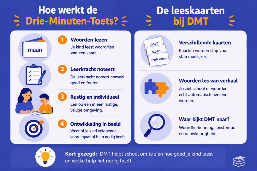 Eenvoudige infographic die laat zien hoe de Drie-Minuten-Toets werkt. Het kind leest woordrijen, de leerkracht noteert de resultaten en de toets meet woordherkenning, leestempo en nauwkeurigheid.