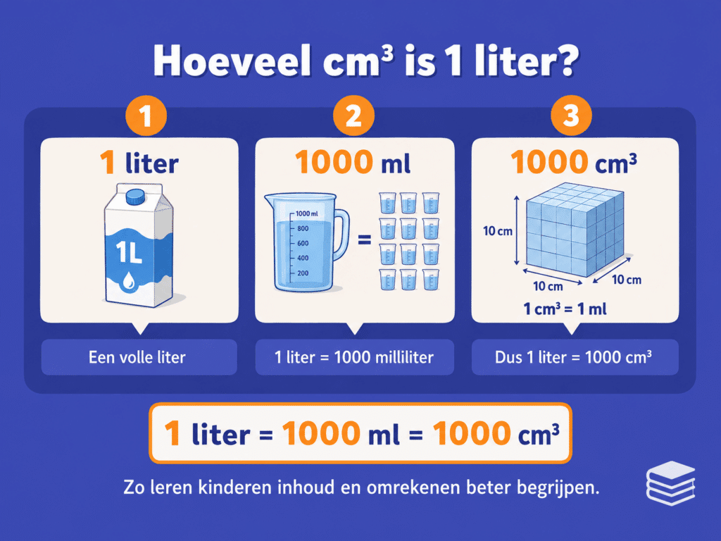 Educatieve afbeelding die laat zien dat 1 liter gelijk is aan 1000 cm³ en 1000 milliliter.