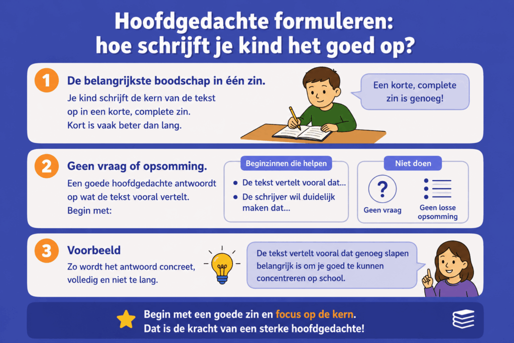 Infographic met tips om de hoofdgedachte kort, duidelijk en volledig op te schrijven.