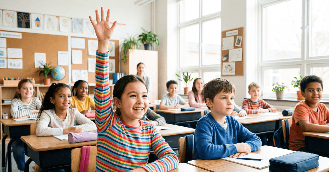 Leerlingen in de klas oefenen met begrijpend lezen en het vinden van de hoofdgedachte van een tekst.