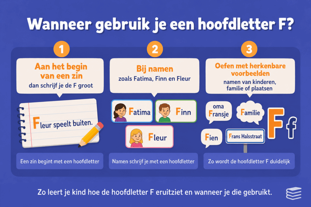 Infographic die uitlegt wanneer je een hoofdletter F gebruikt, zoals aan het begin van een zin en bij namen zoals Fatima, Finn en Fleur.