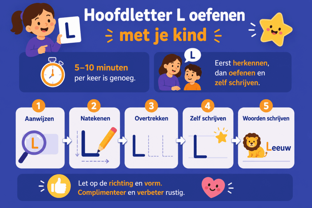 Infographic met eenvoudige stappen om de hoofdletter L te oefenen, van aanwijzen en natekenen tot overtrekken, zelf schrijven en woorden schrijven.