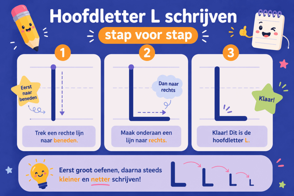 Speelse infographic die kinderen in drie eenvoudige stappen laat zien hoe ze een hoofdletter L schrijven, met vrolijke illustraties en een tip om eerst groot en daarna kleiner te oefenen.