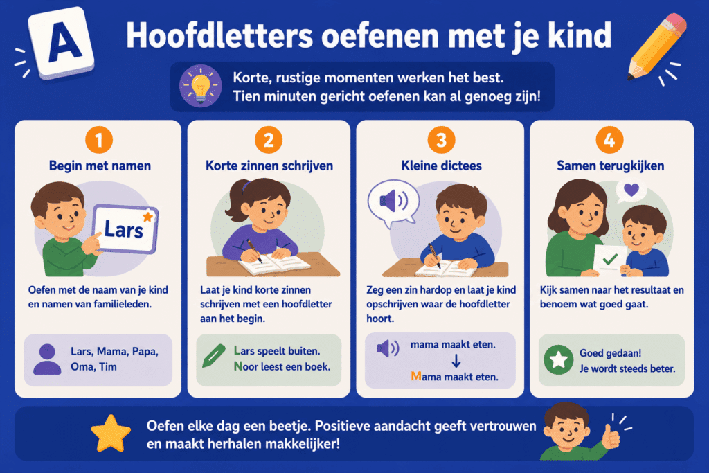 Infographic met vier eenvoudige manieren om hoofdletters te oefenen. De afbeelding laat zien hoe kinderen kunnen starten met namen, korte zinnen schrijven, kleine dictees maken en samen terugkijken naar het resultaat.