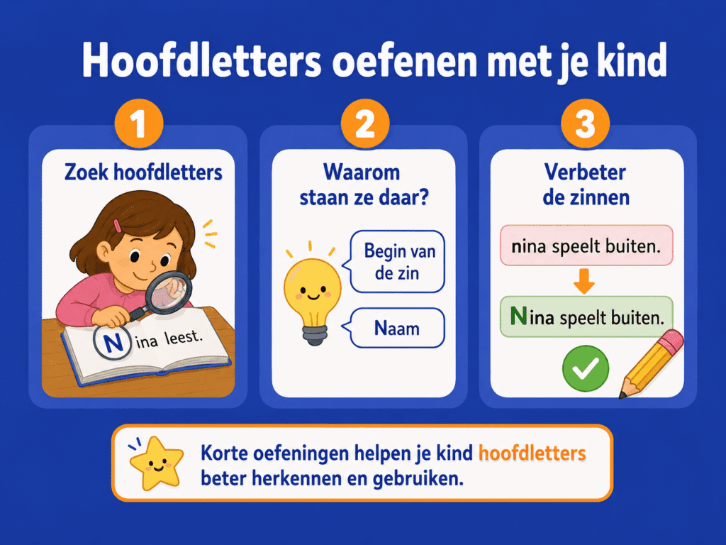 Illustratie over hoofdletters oefenen met je kind met korte opdrachten, zinnen verbeteren en hoofdletters herkennen in tekst.