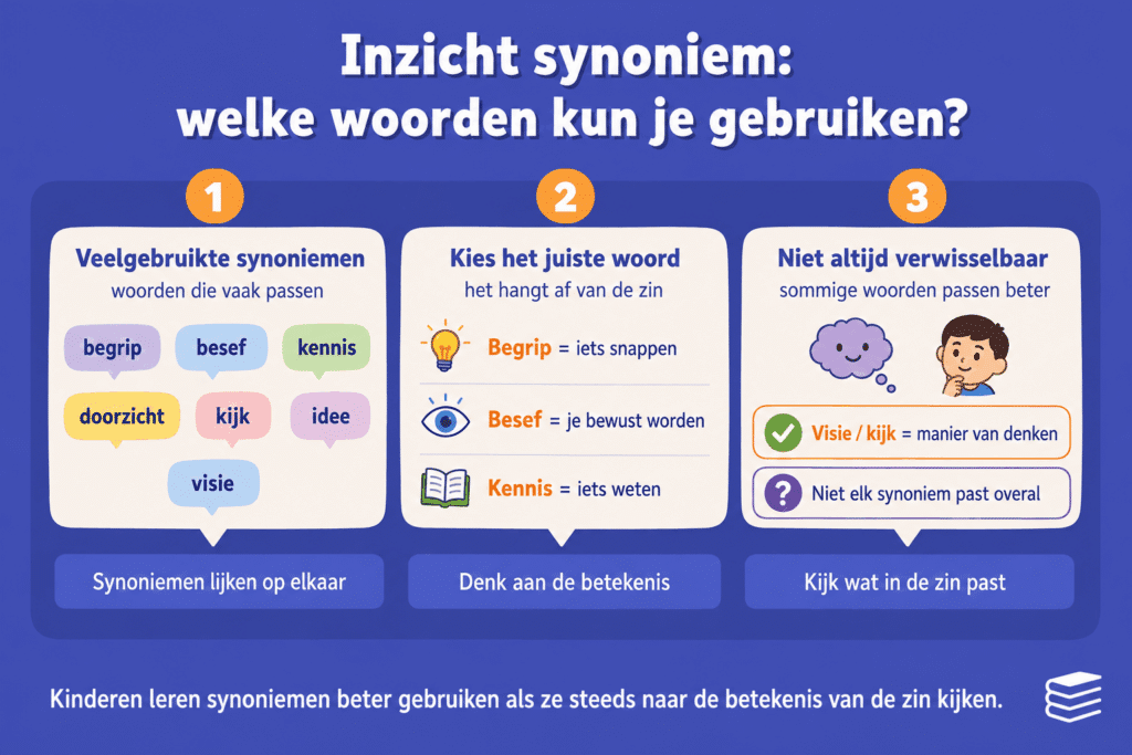 Infographic die uitlegt welke synoniemen je kunt gebruiken voor inzicht, zoals begrip, besef, kennis, doorzicht, kijk, idee en visie.