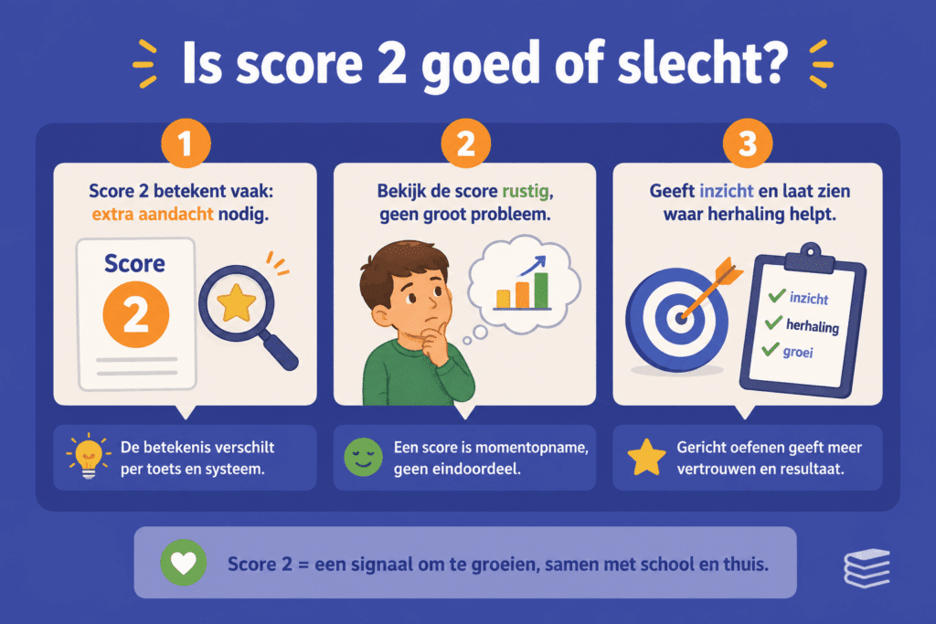 Infographic die uitlegt dat een score 2 niet automatisch slecht is, maar inzicht geeft in waar een kind nog kan groeien en oefenen.