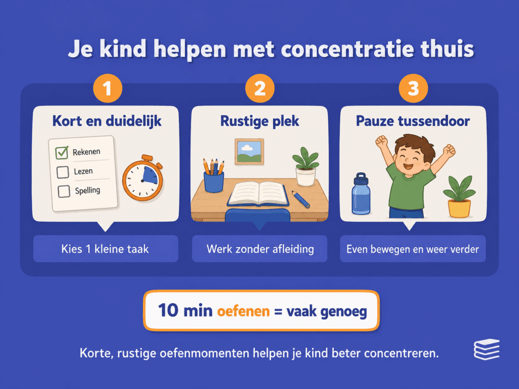 Illustratie over je kind helpen met concentratie thuis, met tips zoals korte oefenmomenten, rust, voorspelbaarheid en afwisselen tussen oefenen en pauze.