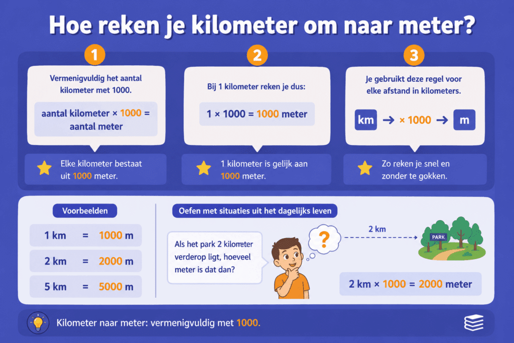 Educatieve illustratie die laat zien hoe je kilometers omzet naar meters door met 1000 te vermenigvuldigen, met voorbeelden zoals 1 km = 1000 m en 2 km = 2000 m.