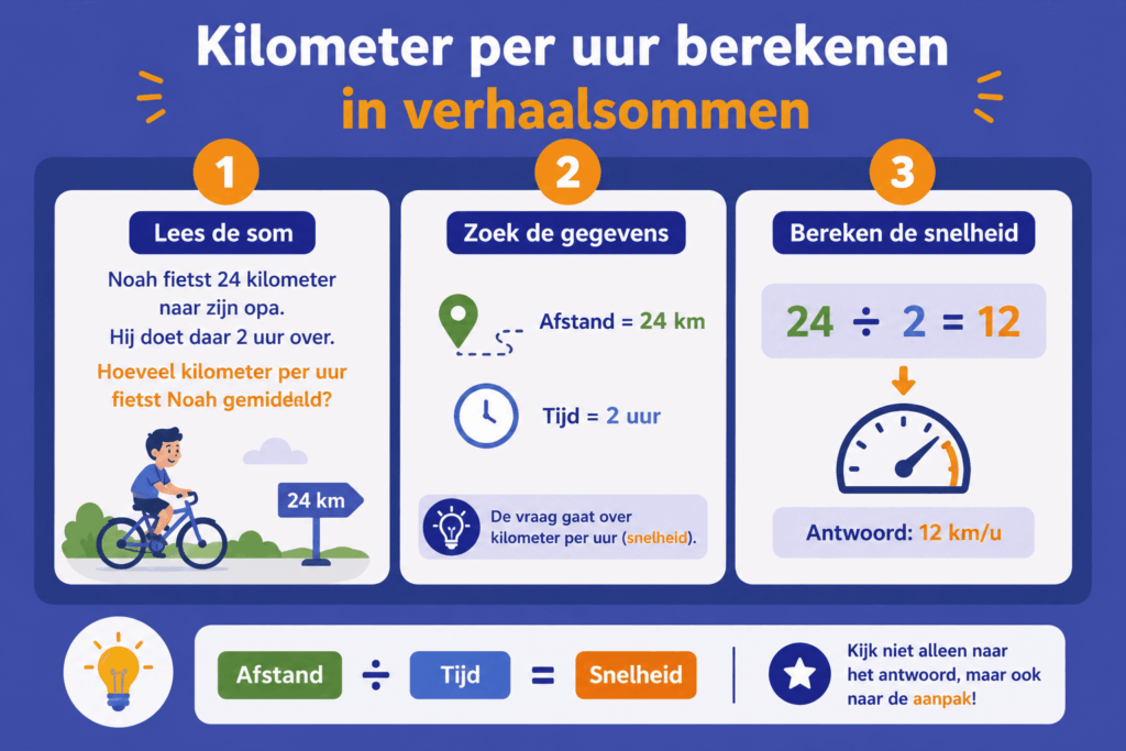 Overzichtelijke infographic die laat zien hoe je in een verhaalsom de afstand en tijd herkent en vervolgens de snelheid in kilometer per uur berekent.