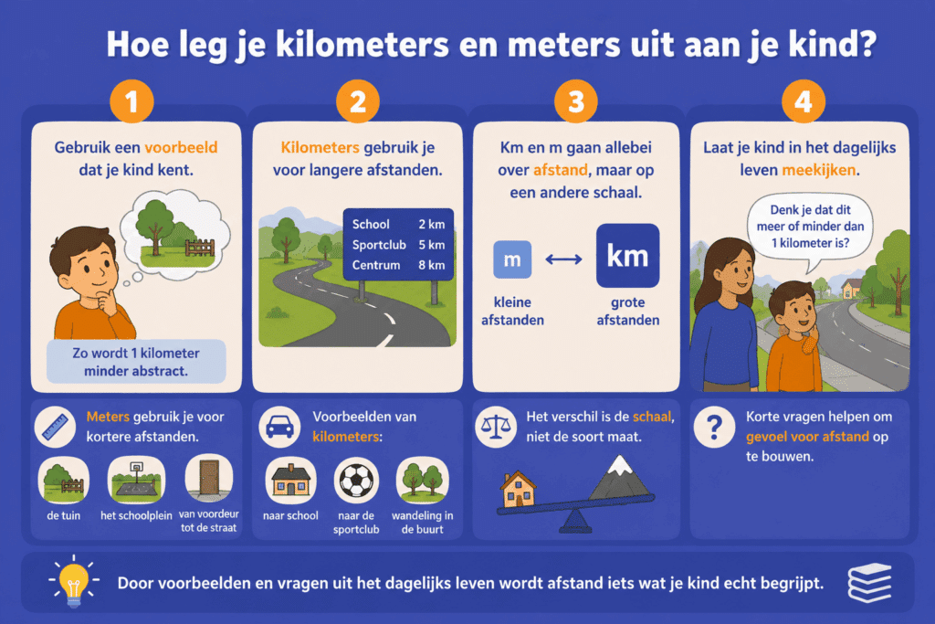 Educatieve illustratie die laat zien hoe kinderen kilometers en meters beter begrijpen met herkenbare voorbeelden uit het dagelijks leven en eenvoudige vergelijkingen van korte en lange afstanden.