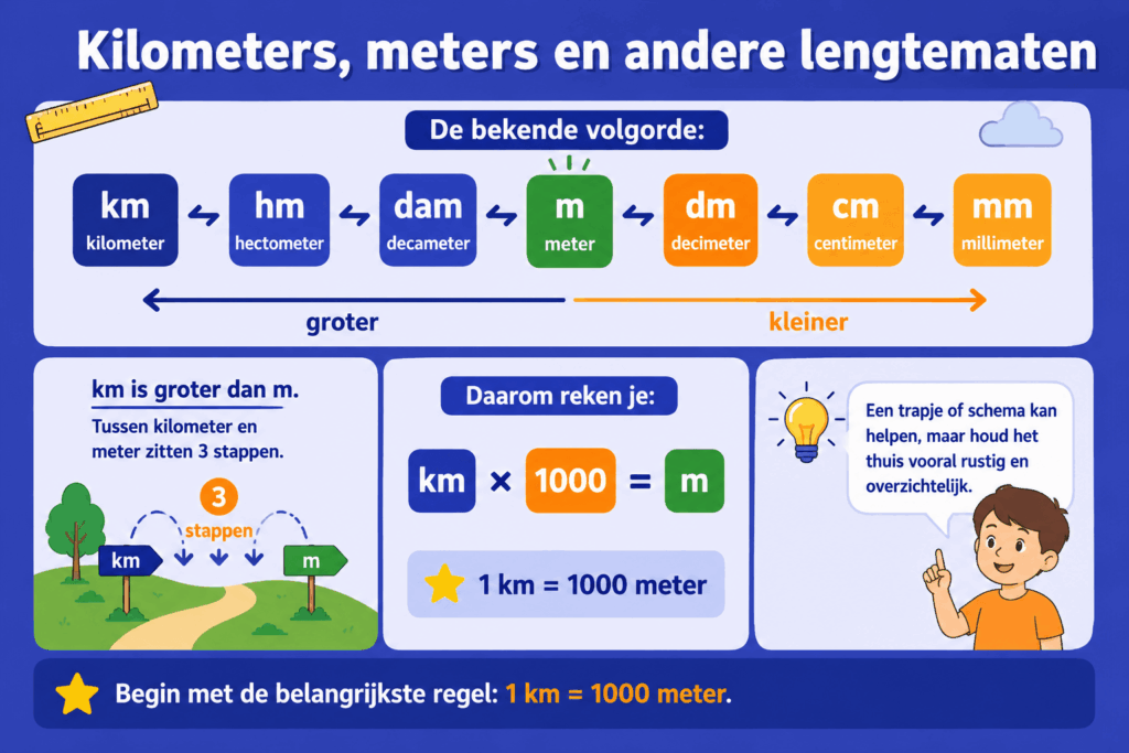 Educatieve illustratie die de volgorde van lengtematen laat zien van kilometer tot millimeter en uitlegt waarom 1 kilometer gelijk is aan 1000 meter.