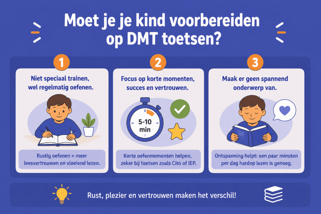 Infographic over hoe je een kind voorbereidt op DMT toetsen, met aandacht voor rustig oefenen, korte leesmomenten en ontspannen hardop lezen.