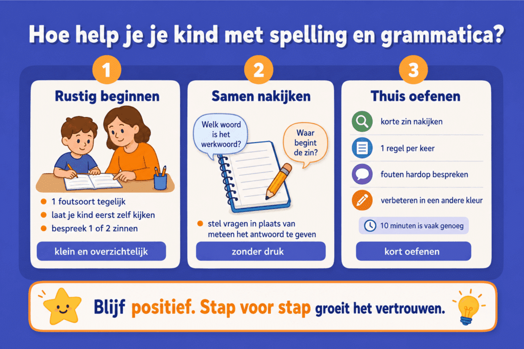 Infographic met tips om je kind thuis te helpen met spelling en grammatica, zoals rustig beginnen, samen nakijken en kort oefenen zonder druk.